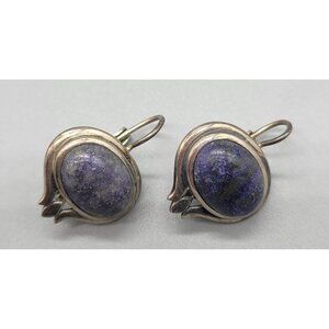Vintage Sterling Silver 925 Thailand Lapiz Lazuli Fishhook Earrings E1